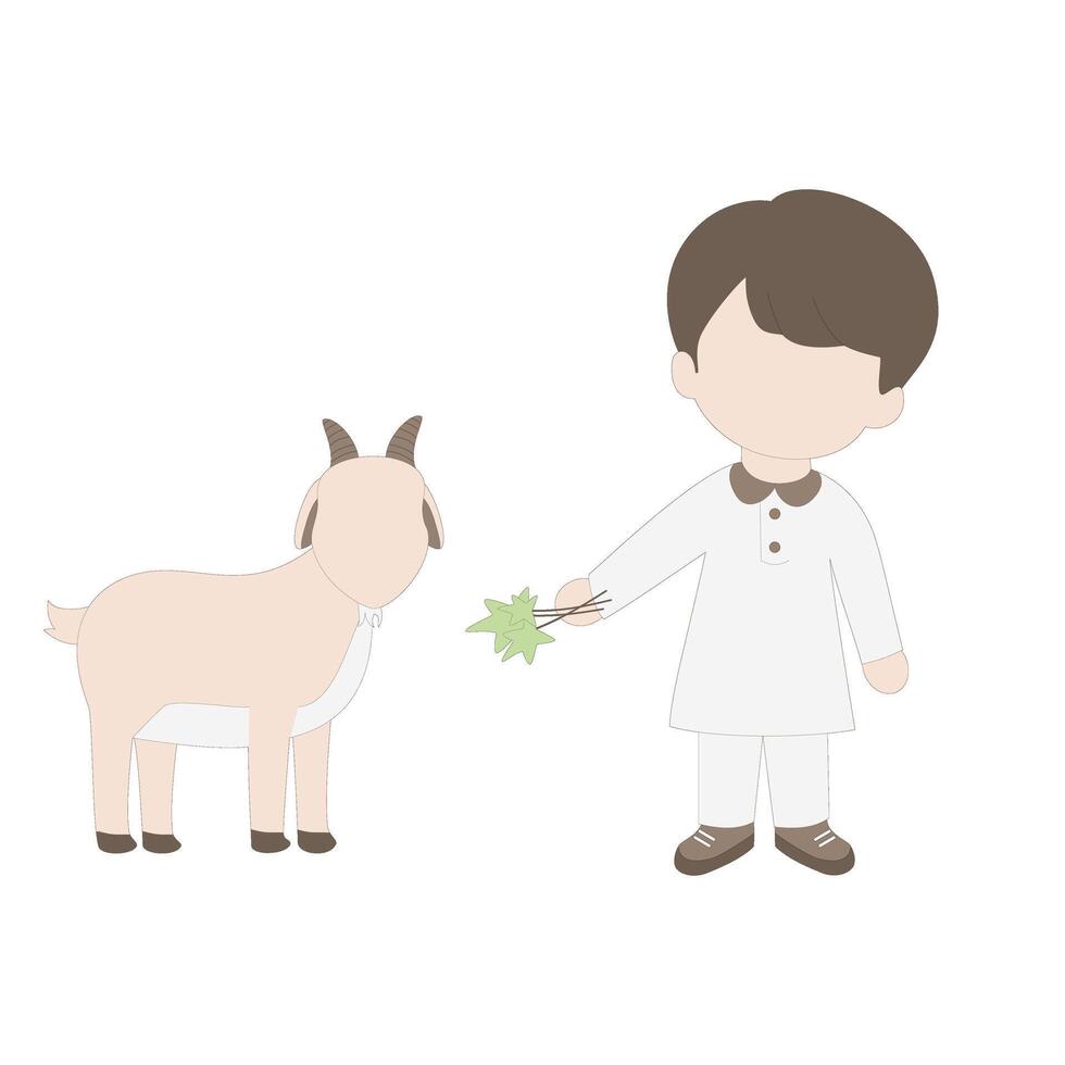 Boy feeding a brown goat, feeding animals vector
