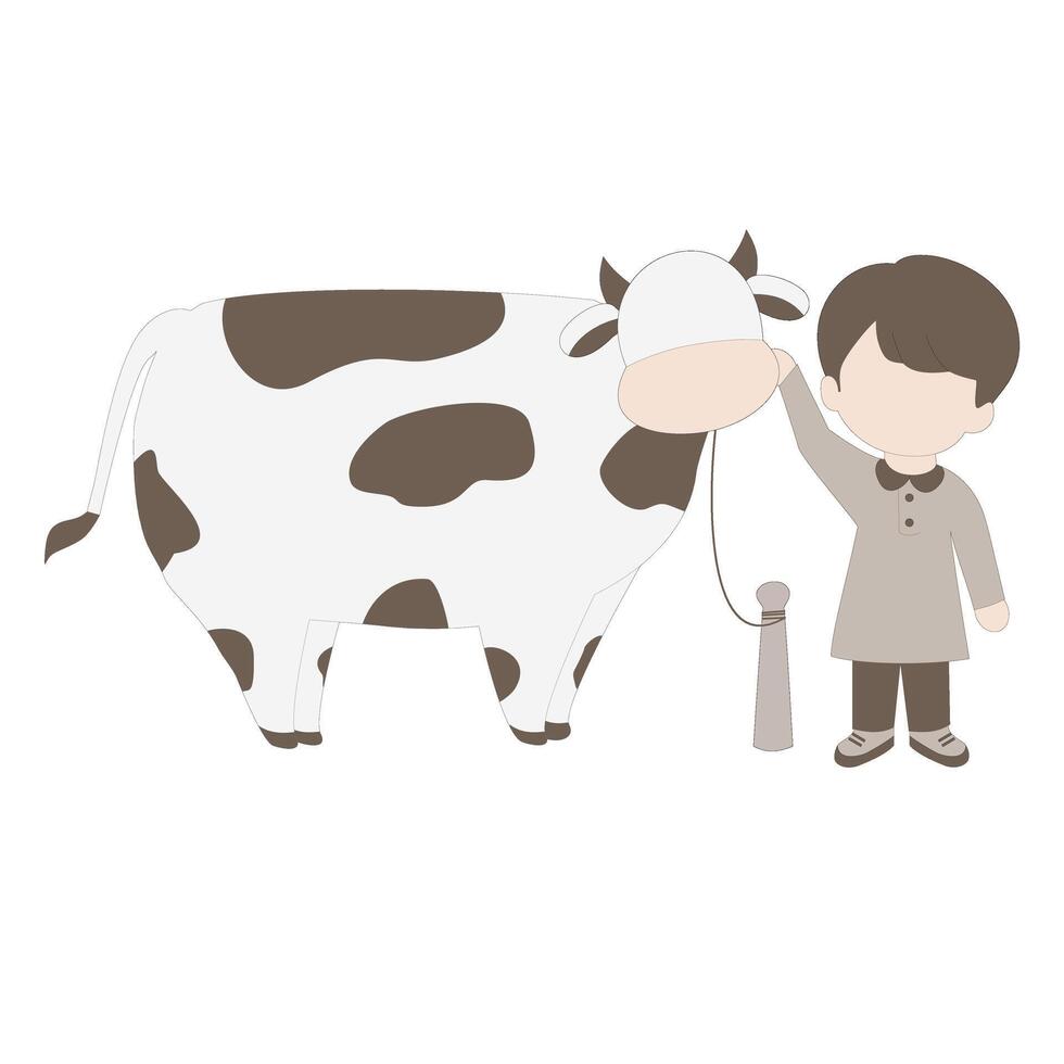 Boy stroking a cow, boy with a cow, boy with farm animals, boy with qurban animals vector
