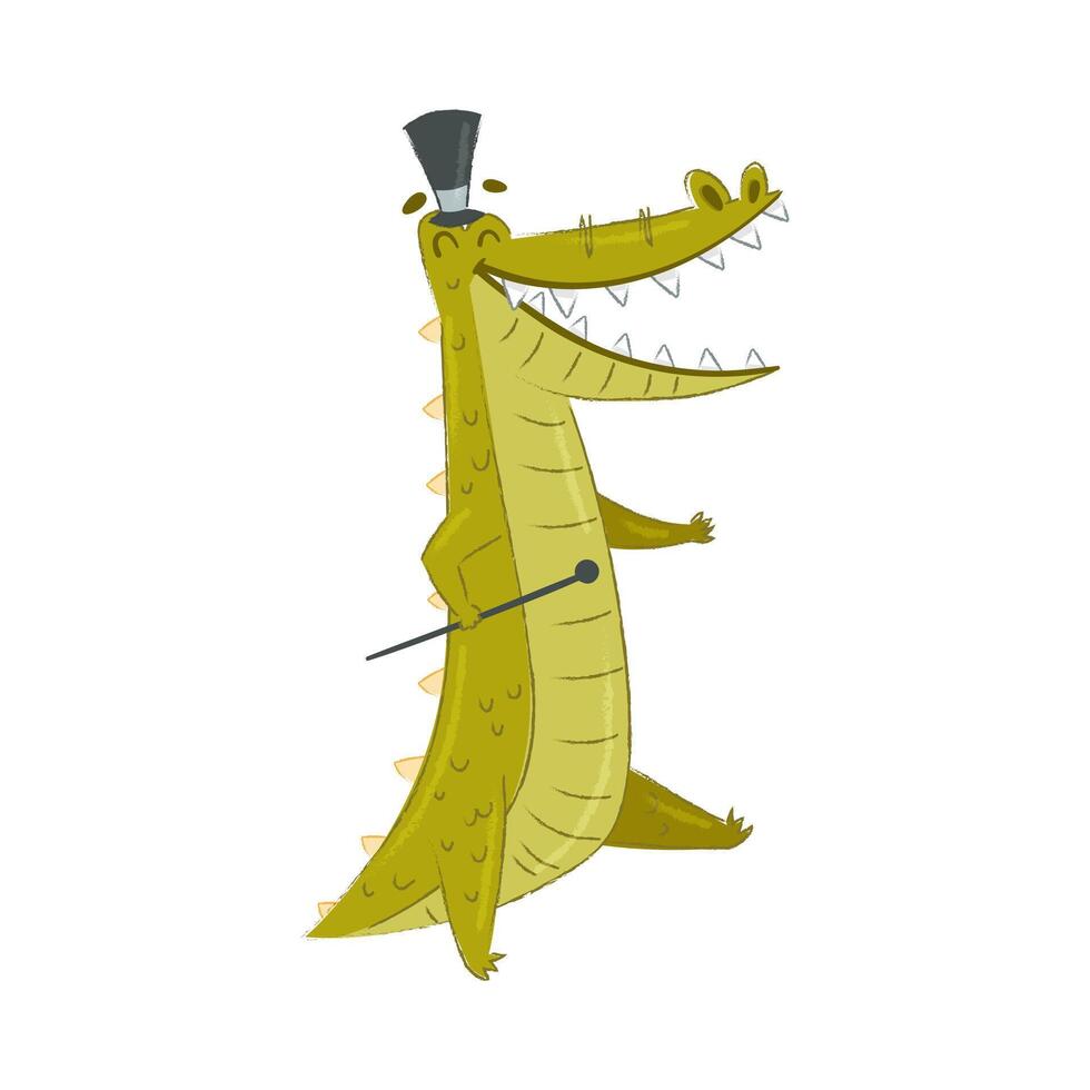 Cute Crocodile Character Walking with Cane and Top Hat Illustration vector