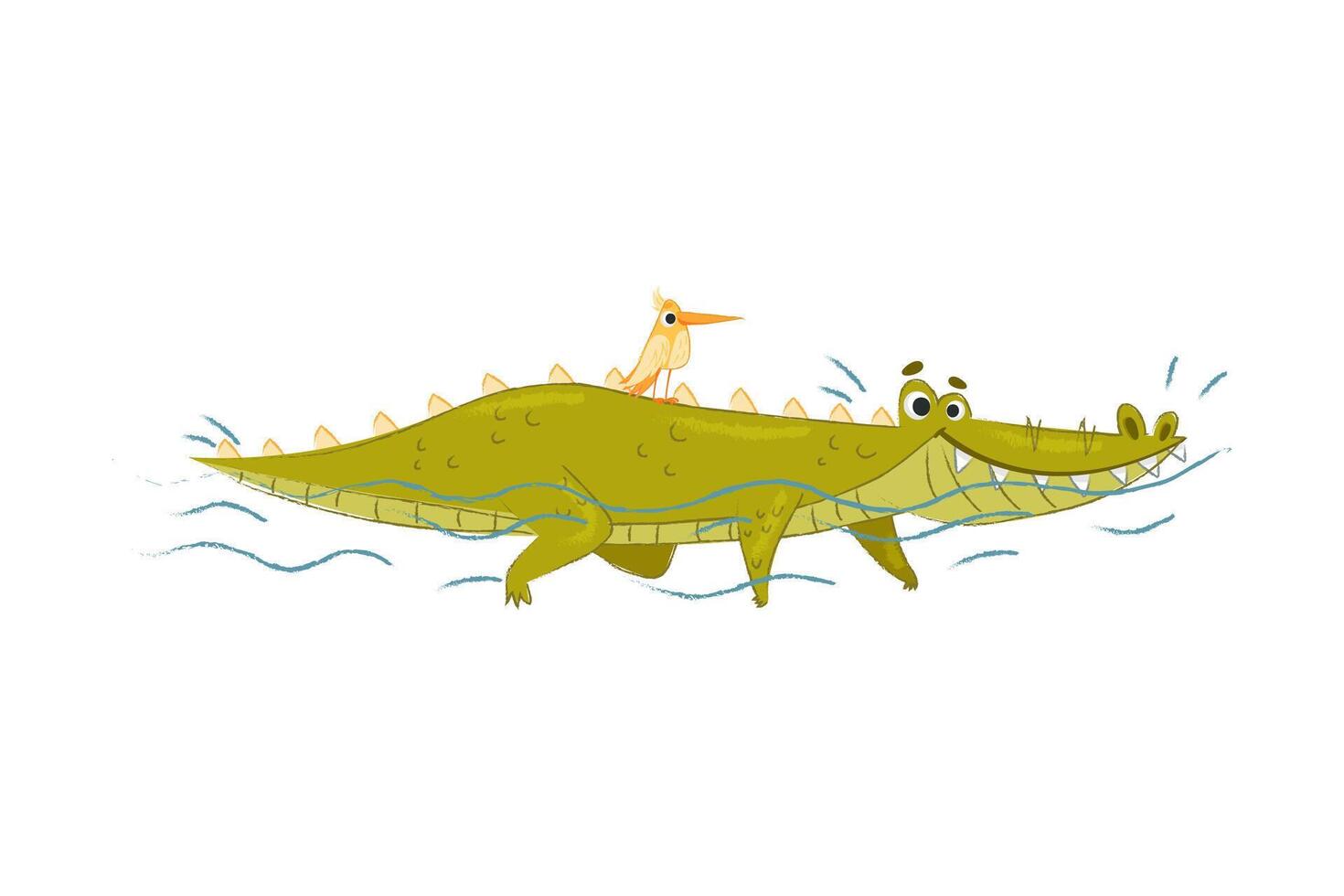 Cute Crocodile Character with Bird on Its Back Floating in Water Illustration vector