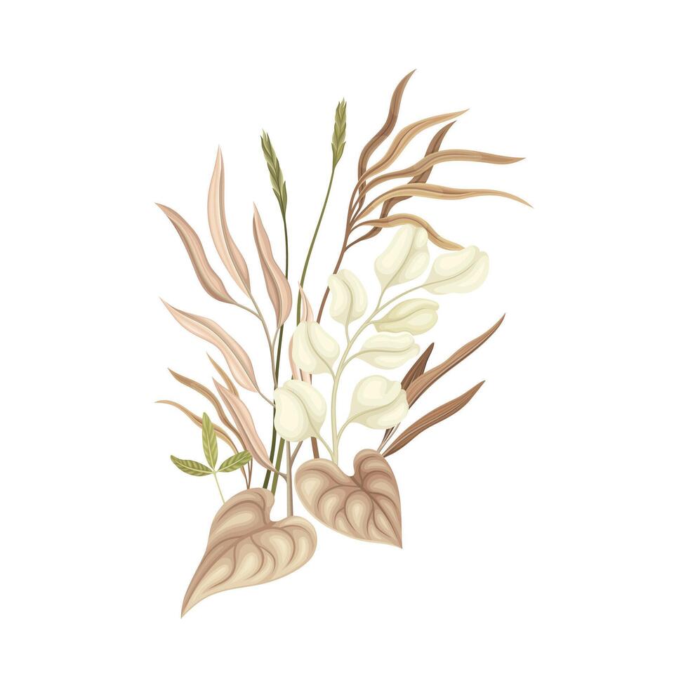 Bouquet with dried tropical plants and flowers in dusty pink, brown, ivory, sepia trendy colors illustration vector