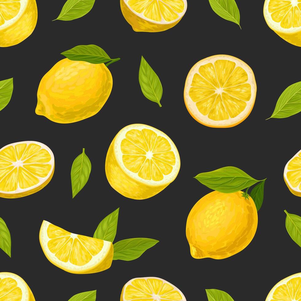 Bright Yellow Lemon Citrus Fruit with Green Leaf on Black Background Seamless Pattern vector