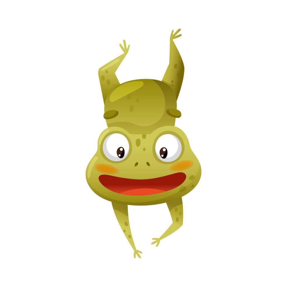 Cute frog happily jumping. Green toad character sitting on lotus leaf in pond cartoon illustration vector