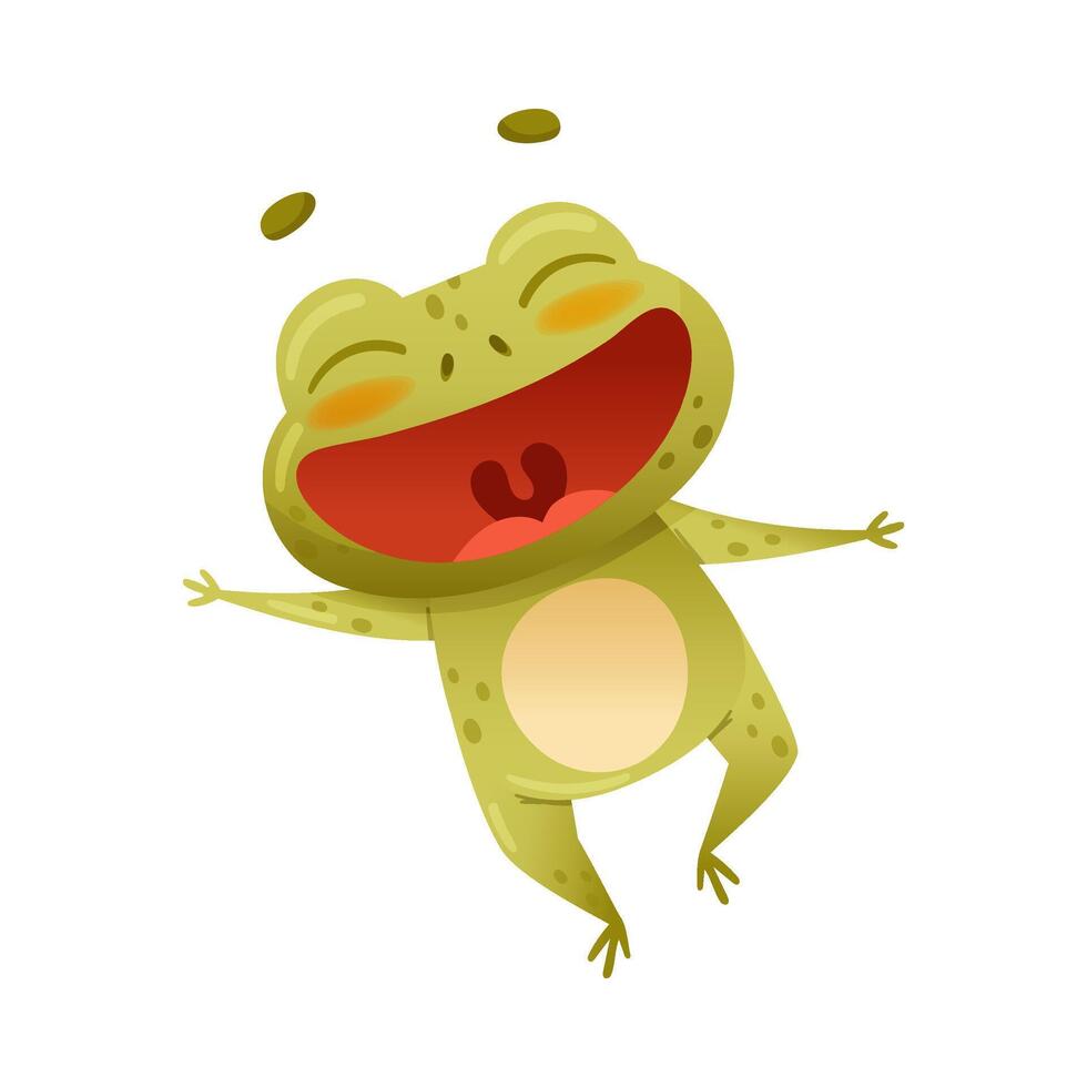 Cute frog having fun. Green funny toad character jumping on its hind legs cartoon illustration vector