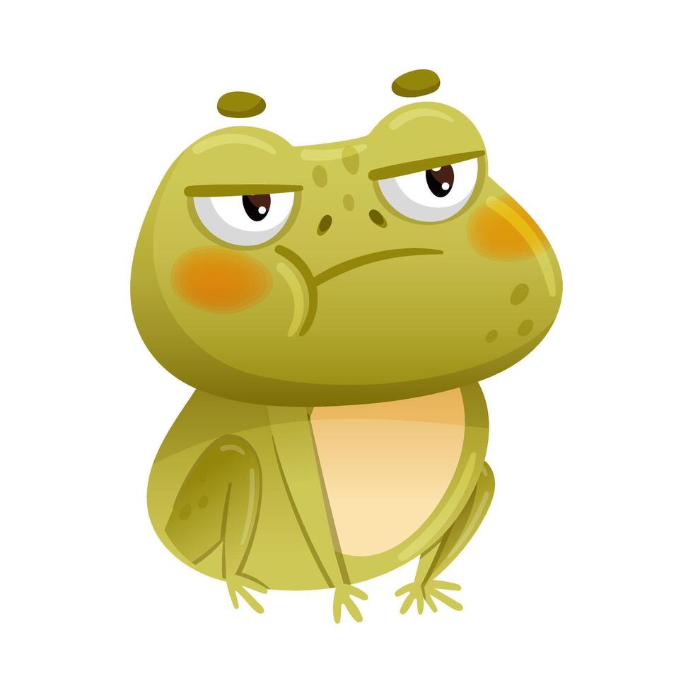 Cute funny grumpy frog. Green toad cartoon character illustration vector