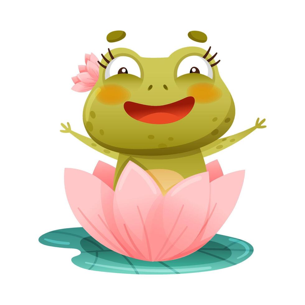 Cute funny frog. Green adorable toad character sitting on lotus flower in pond cartoon illustration vector
