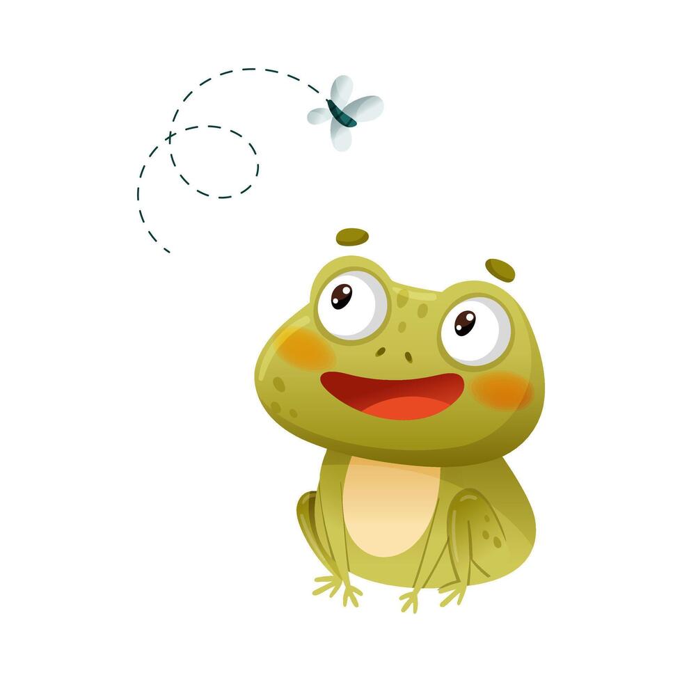 Cute funny frog catching fly. Green funny toad cartoon character illustration vector