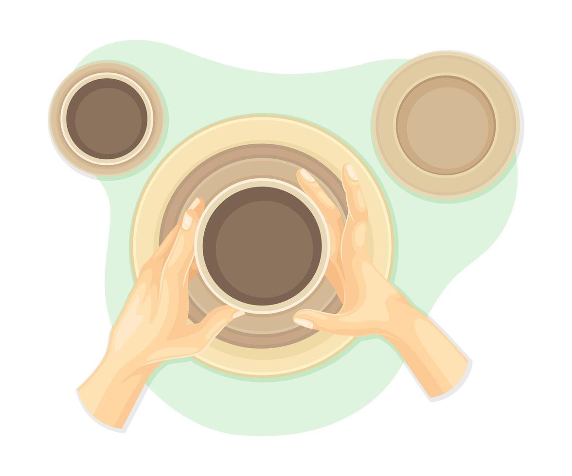 Hands making clay pot. Top view of creative work process, hobby and craft concept illustration vector