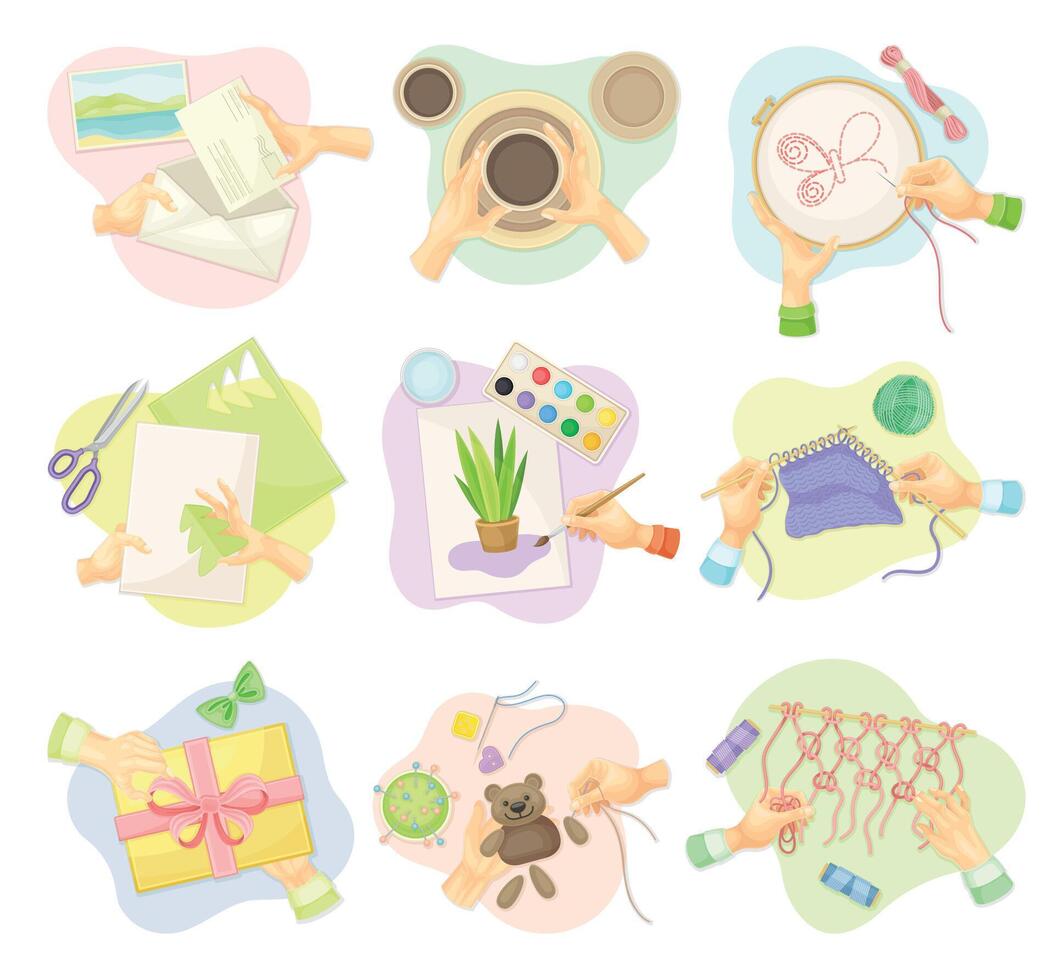 Hands creating handmade crafts set. Top view of creative work process, hobby and craft concept illustration vector