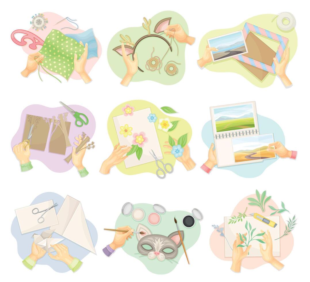 Top view of hands creating handmade crafts set. Creative work process, hobby and craft. Person sewing, knitting, painting, making applique concept illustration vector