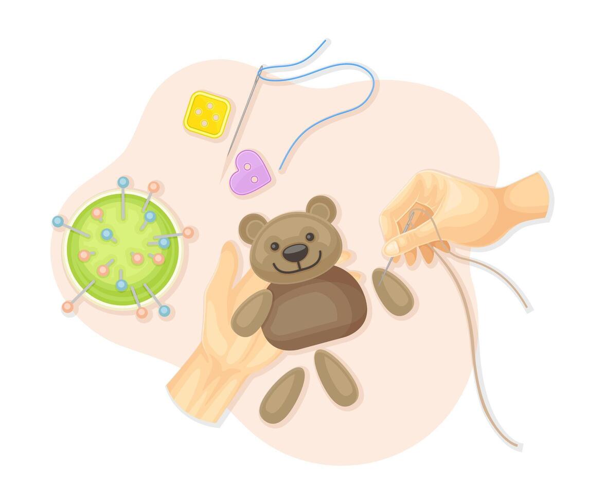 Hands sewing handmade childish toy. Top view of creative work process, hobby and craft concept illustratio vector