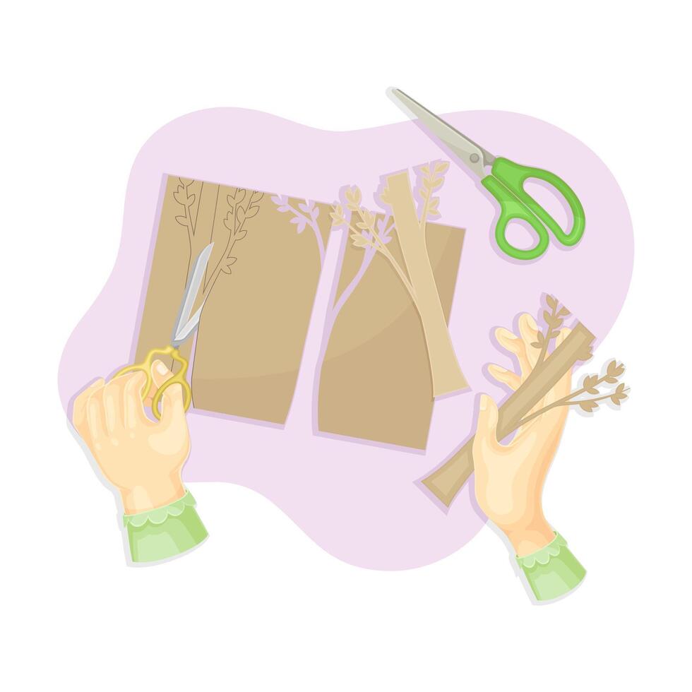 Hands cutting figurines from paper. Top view of creative work process, hobby and craft concept illustration vector