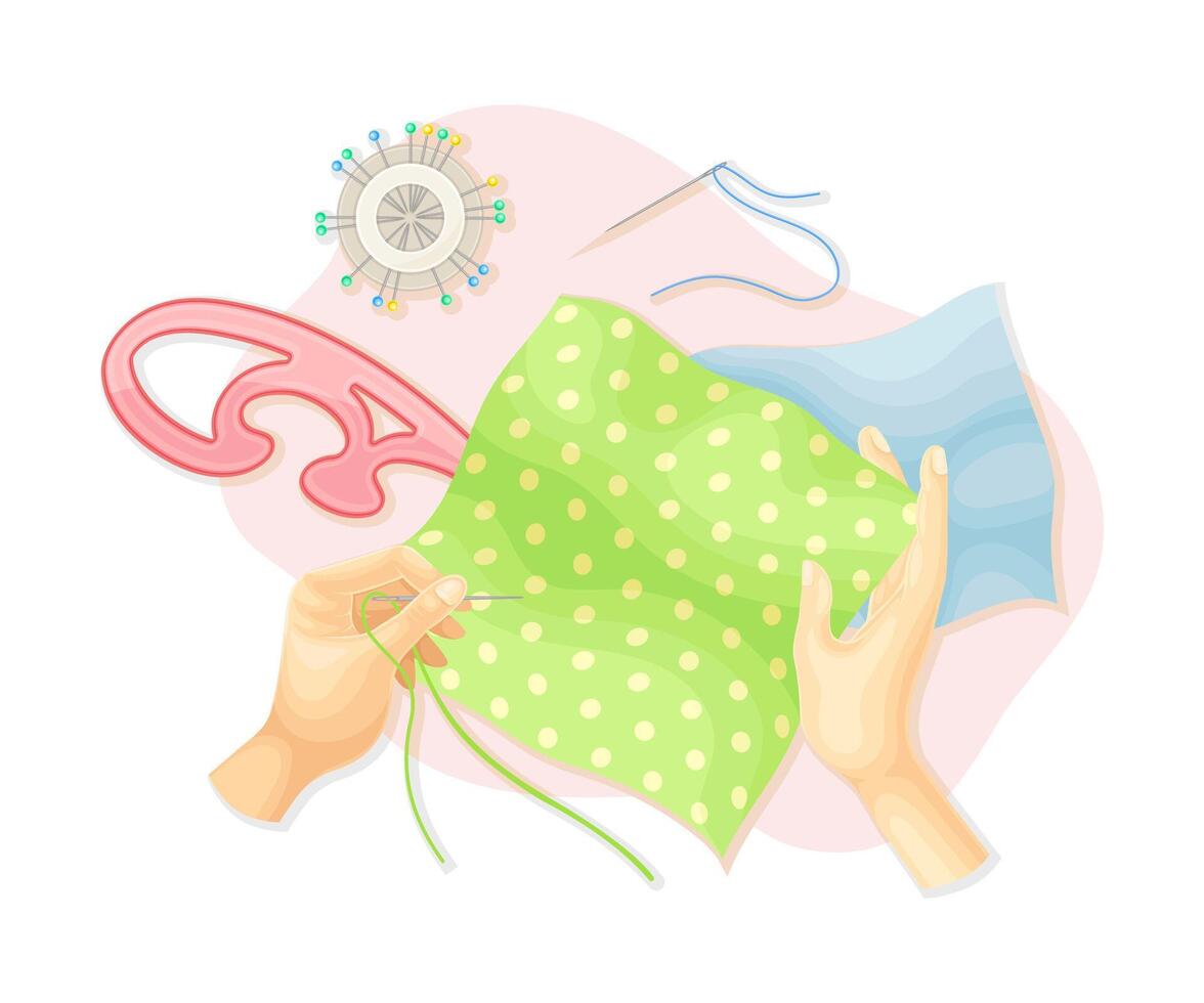 Hands sewing with needle. Top view of creative work process, hobby and craft concept illustration vector