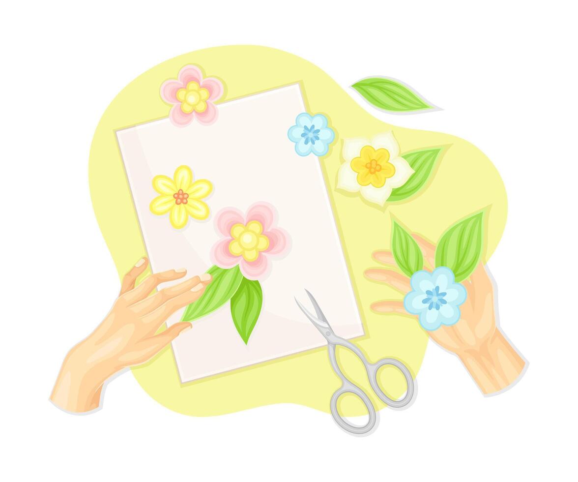 Hands making applique from paper flowers. Top view of creative work process, hobby and craft concept illustration vector