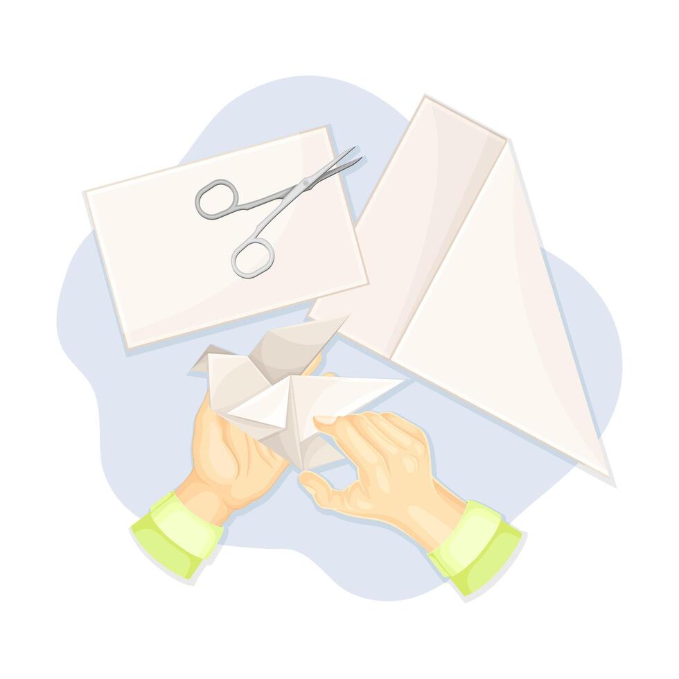 Hands making origami out of paper. Top view of creative work process, hobby and craft concept illustration vector