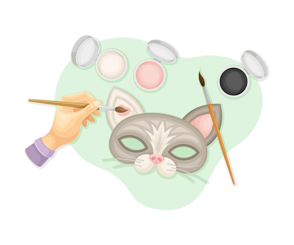 Hands making and painting carnival mask. Top view of creative work process, hobby and craft concept illustration vector