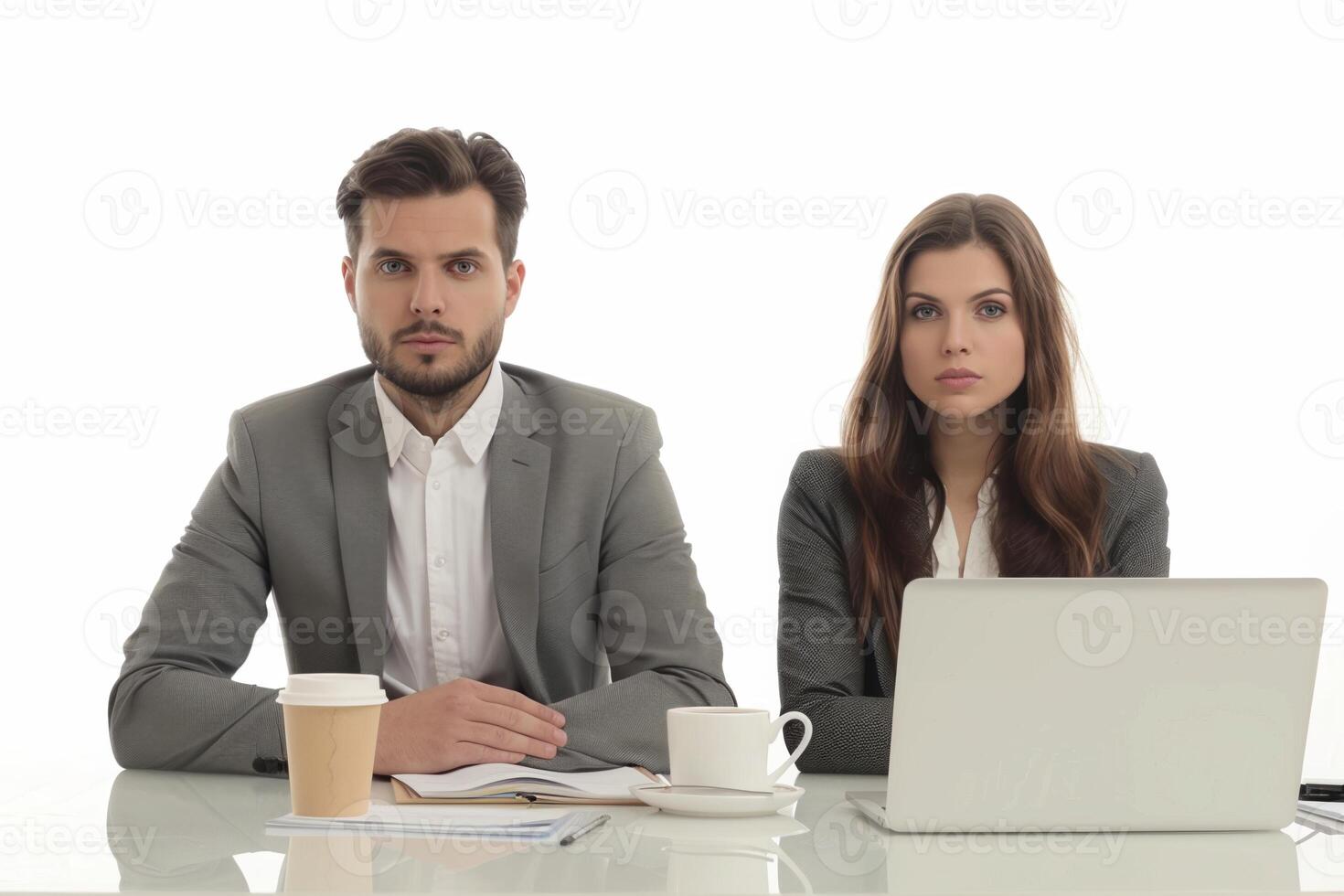 Two business professionals sitting at a desk with laptops and coffee photo