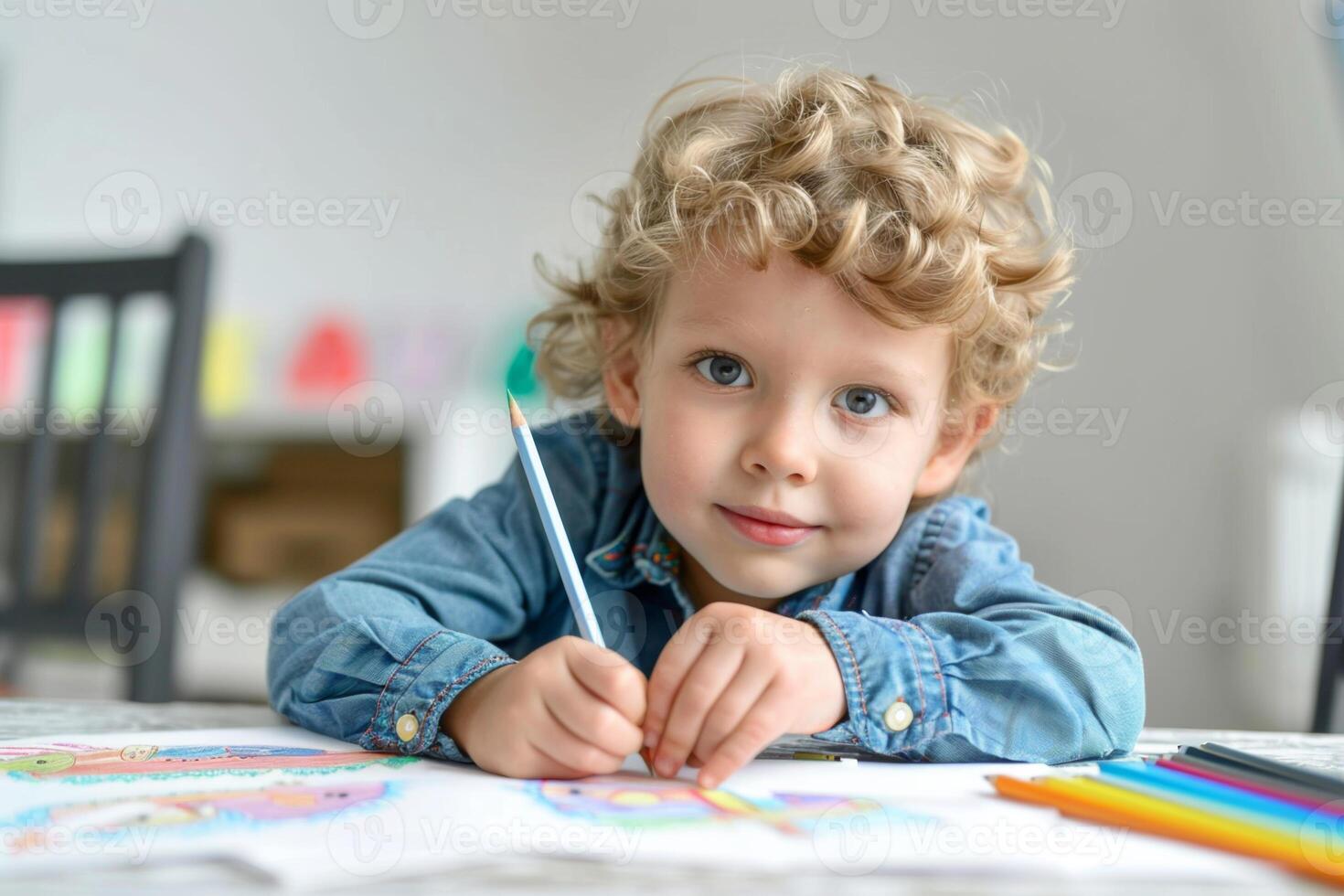 Young child drawing with colored pencils at a table indoors photo