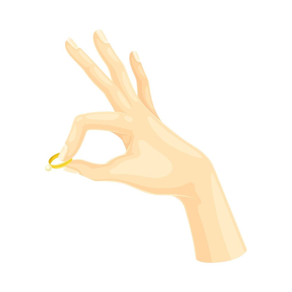 Female hand holding golden ring with pearl illustration vector