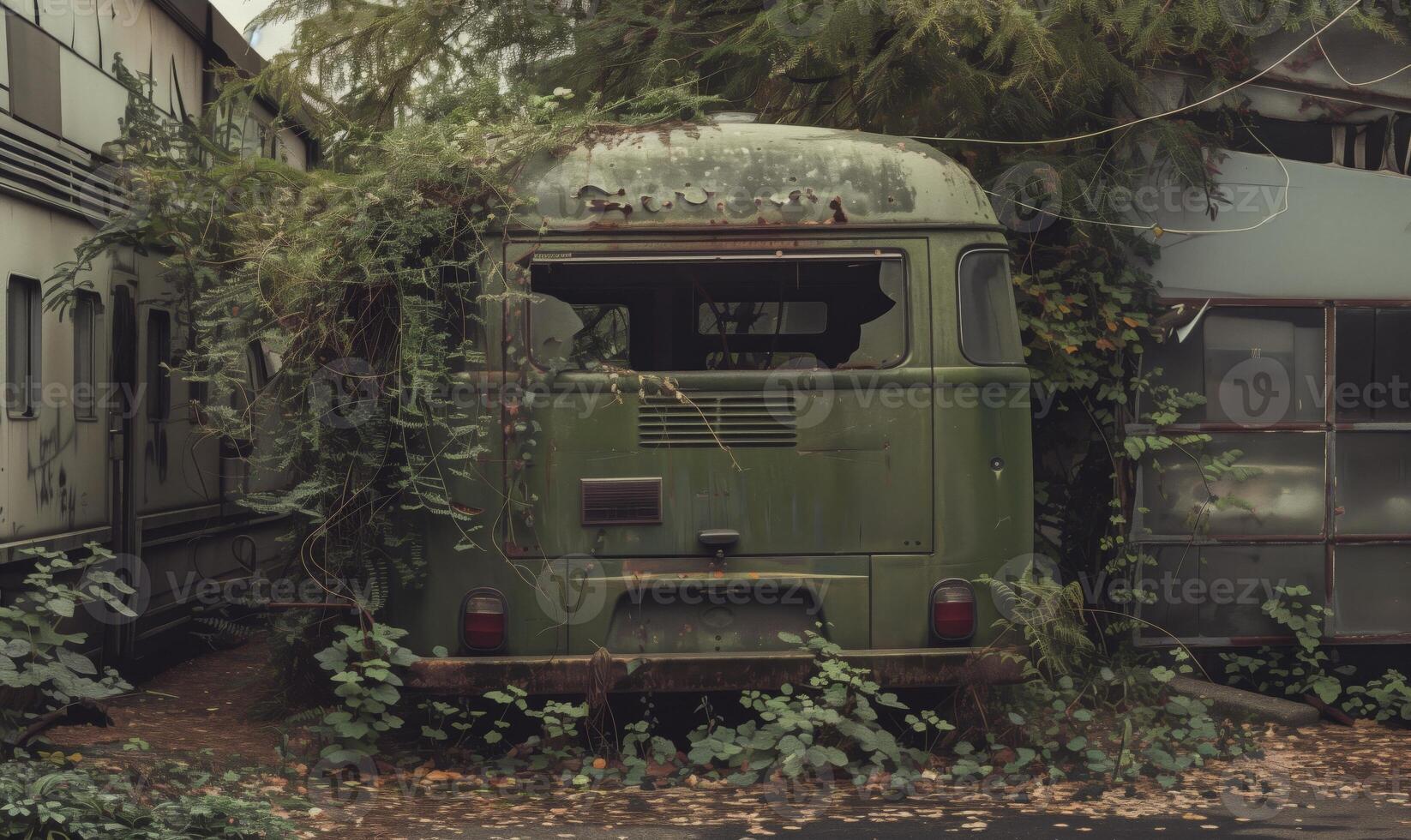 Abandoned green bus overgrown with foliage in a forest photo