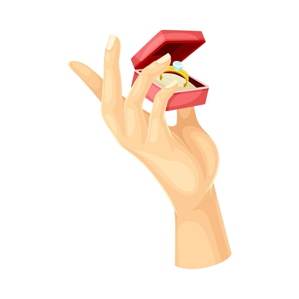 Male hand holding opened red box with golden ring illustration vector