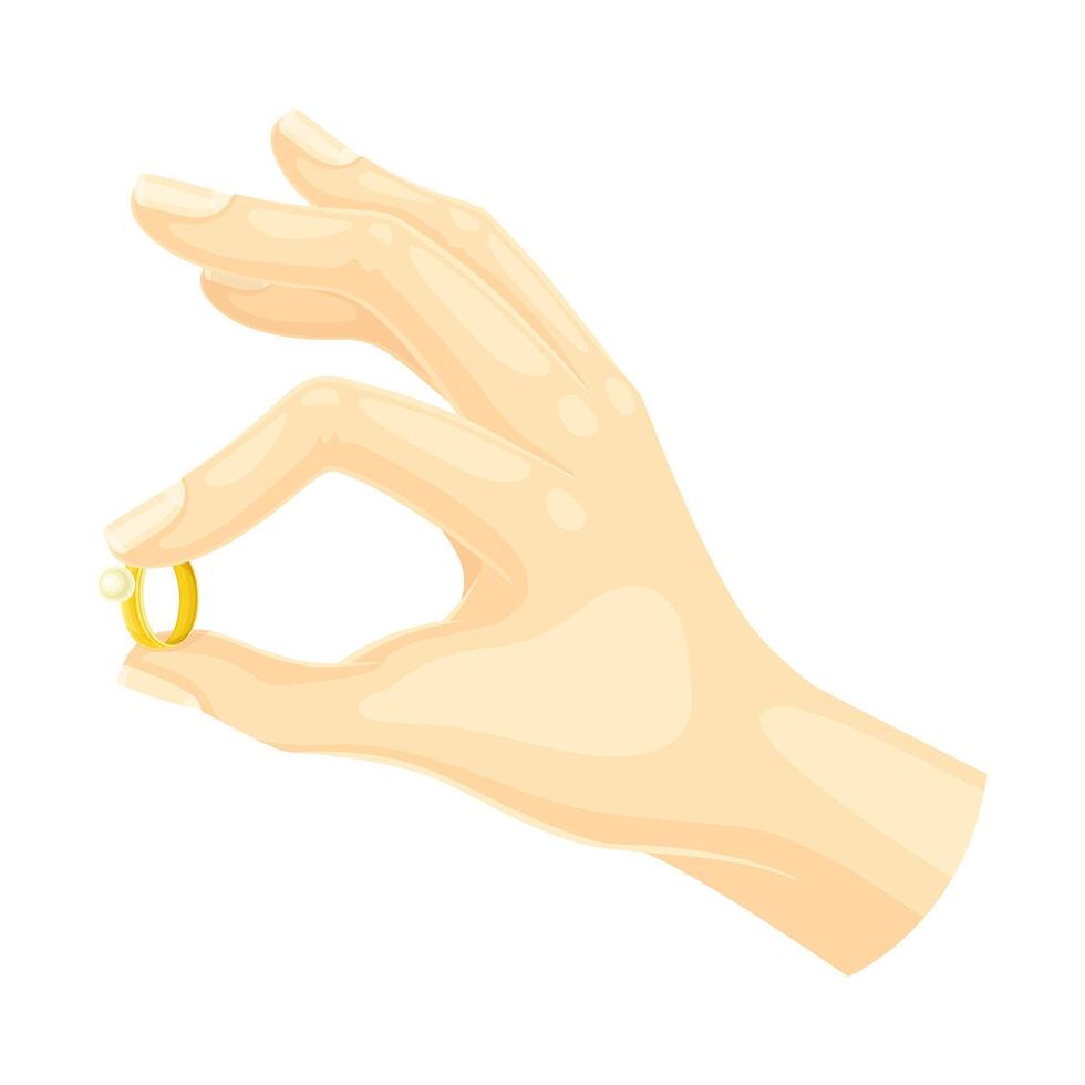 Male hand holding golden ring with pearl illustration on white background vector