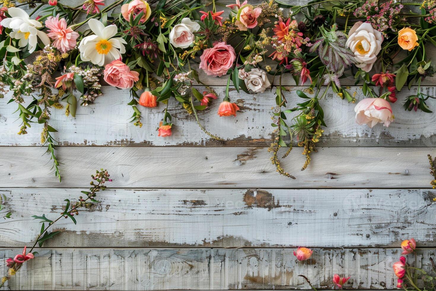 Rustic background with flowers and wooden boards for a decorative frame photo