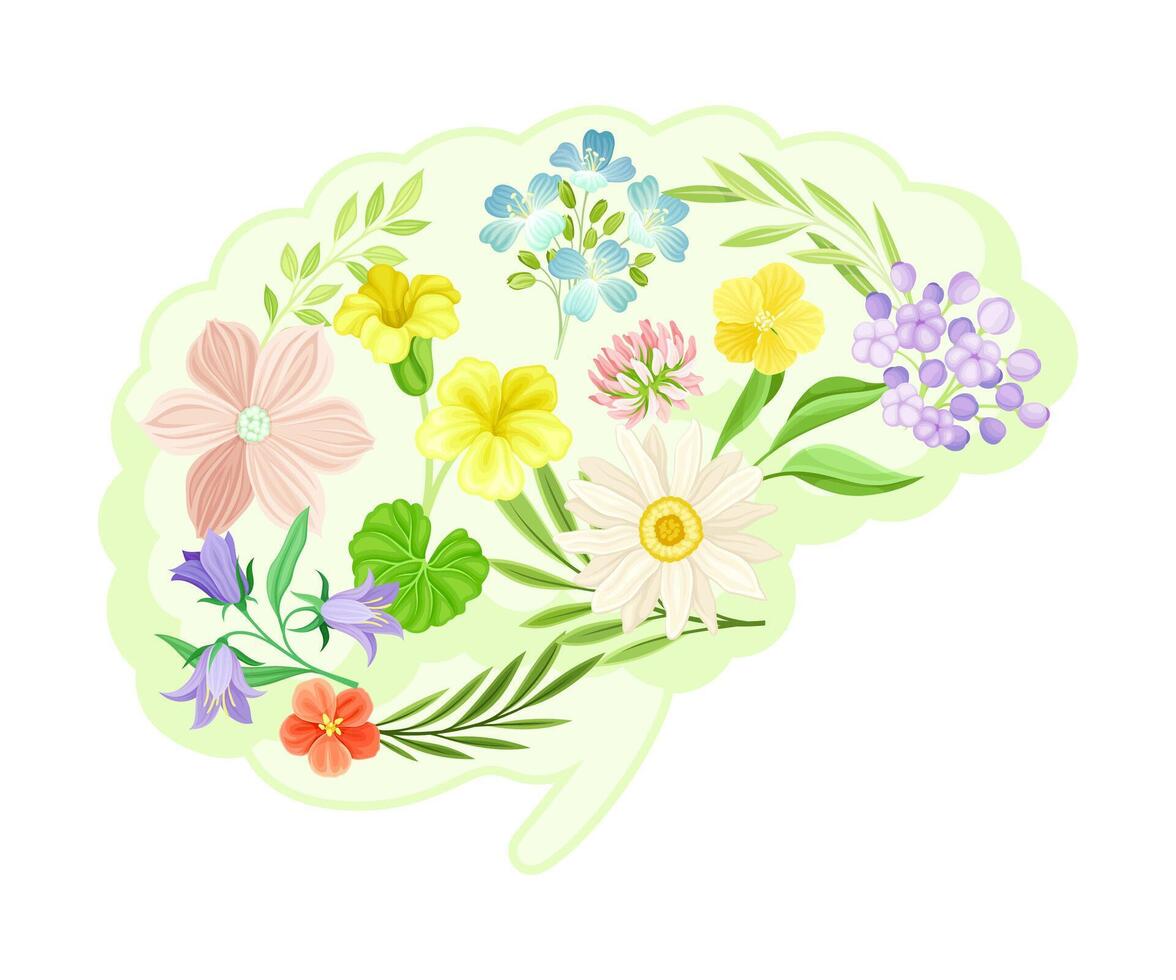 Brain with flowers and leaves. Healthy blooming human internal organ illustration vector