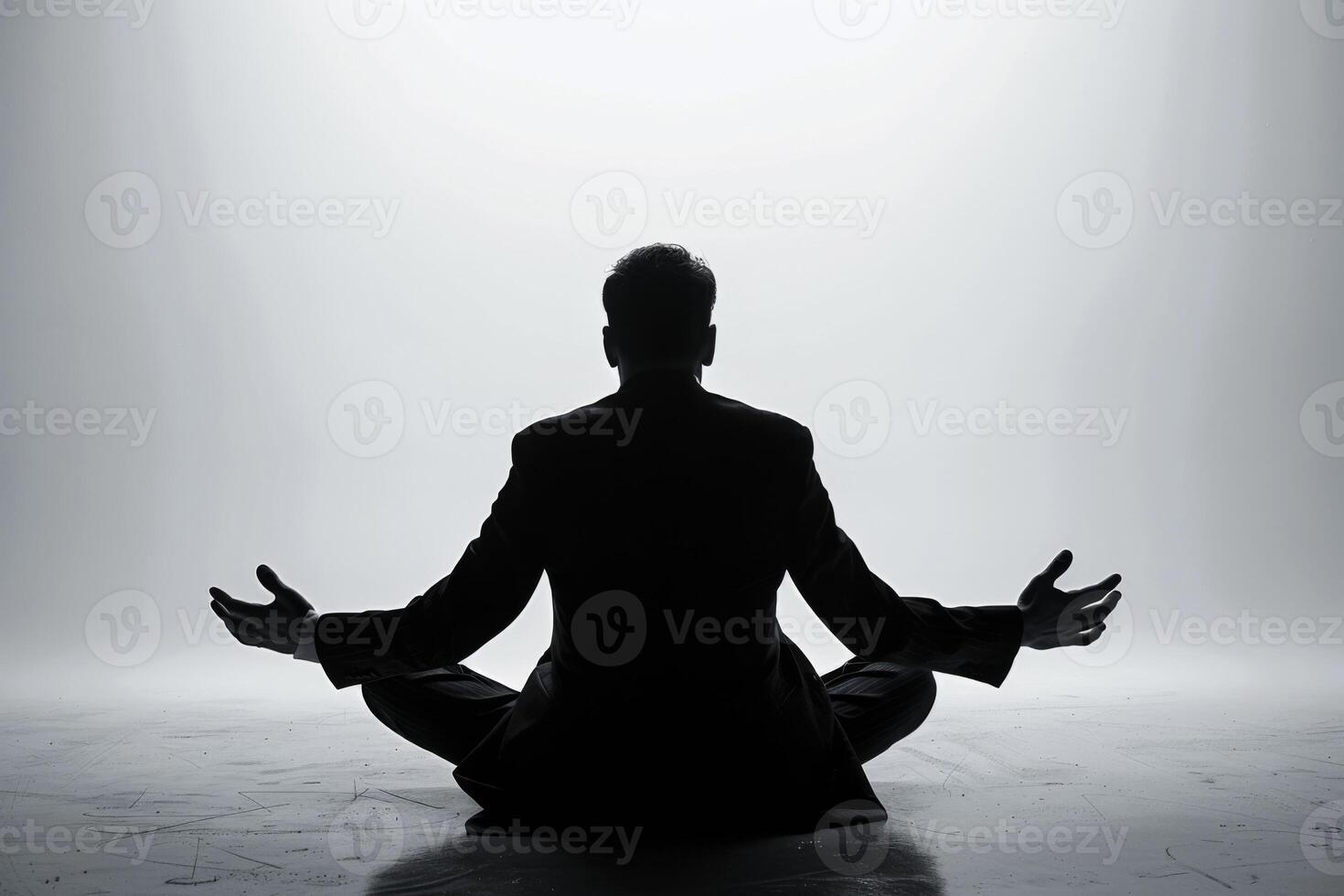 A businessman meditating in a yoga pose with open arms photo