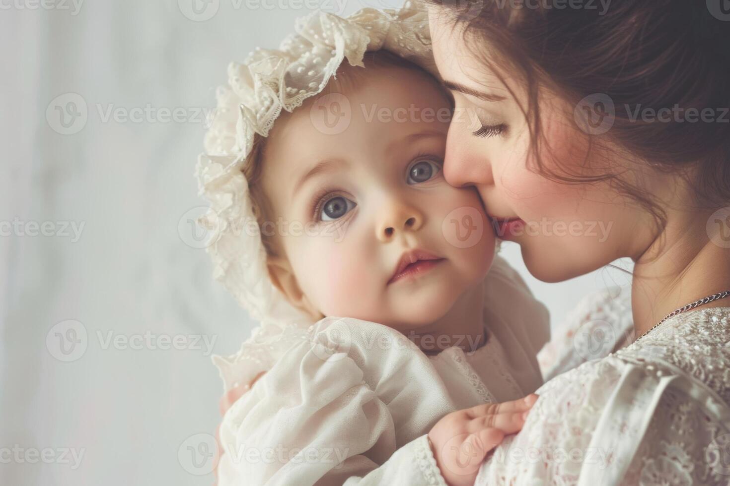 Mother tenderly kissing her child dressed in a vintage lace outfit photo