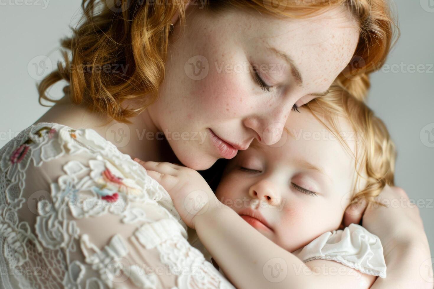 Red-haired mother gently embraces her sleeping child in a soft portrait photo
