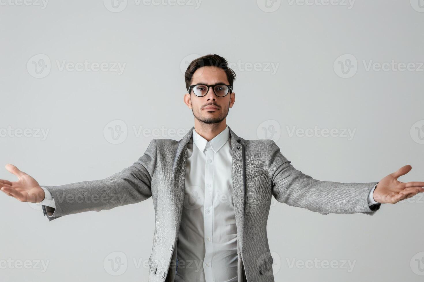 Businessman with open arms ready to embrace new challenges photo