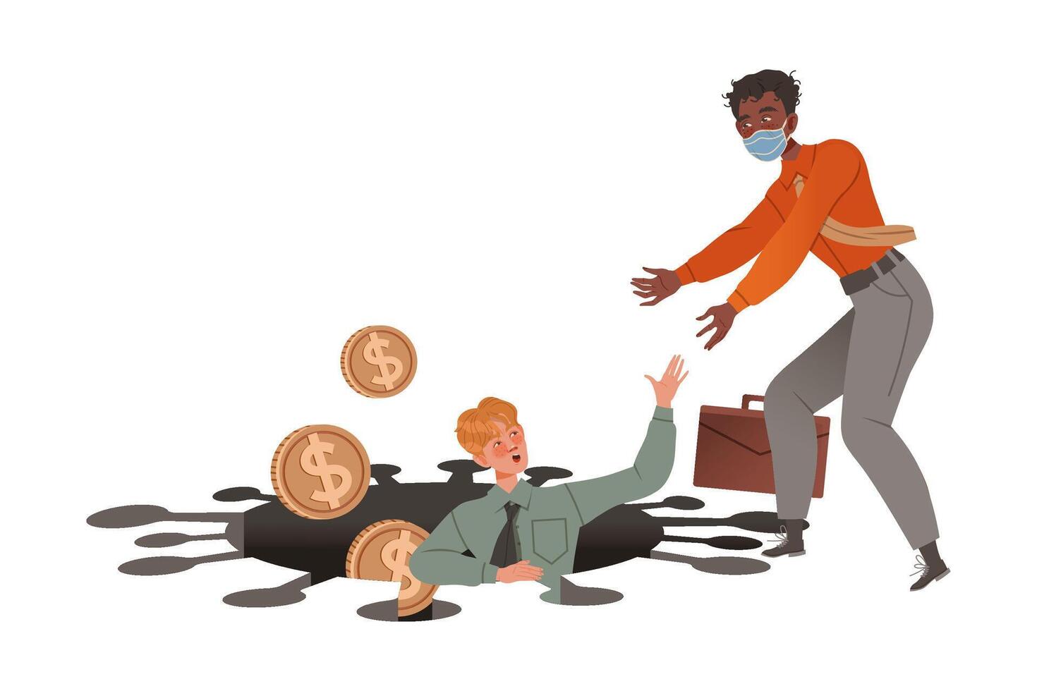 Businessman leader helping his colleague to get out of a debt hole. Coronavirus pandemic causing financial crisis concept cartoon illustration vector