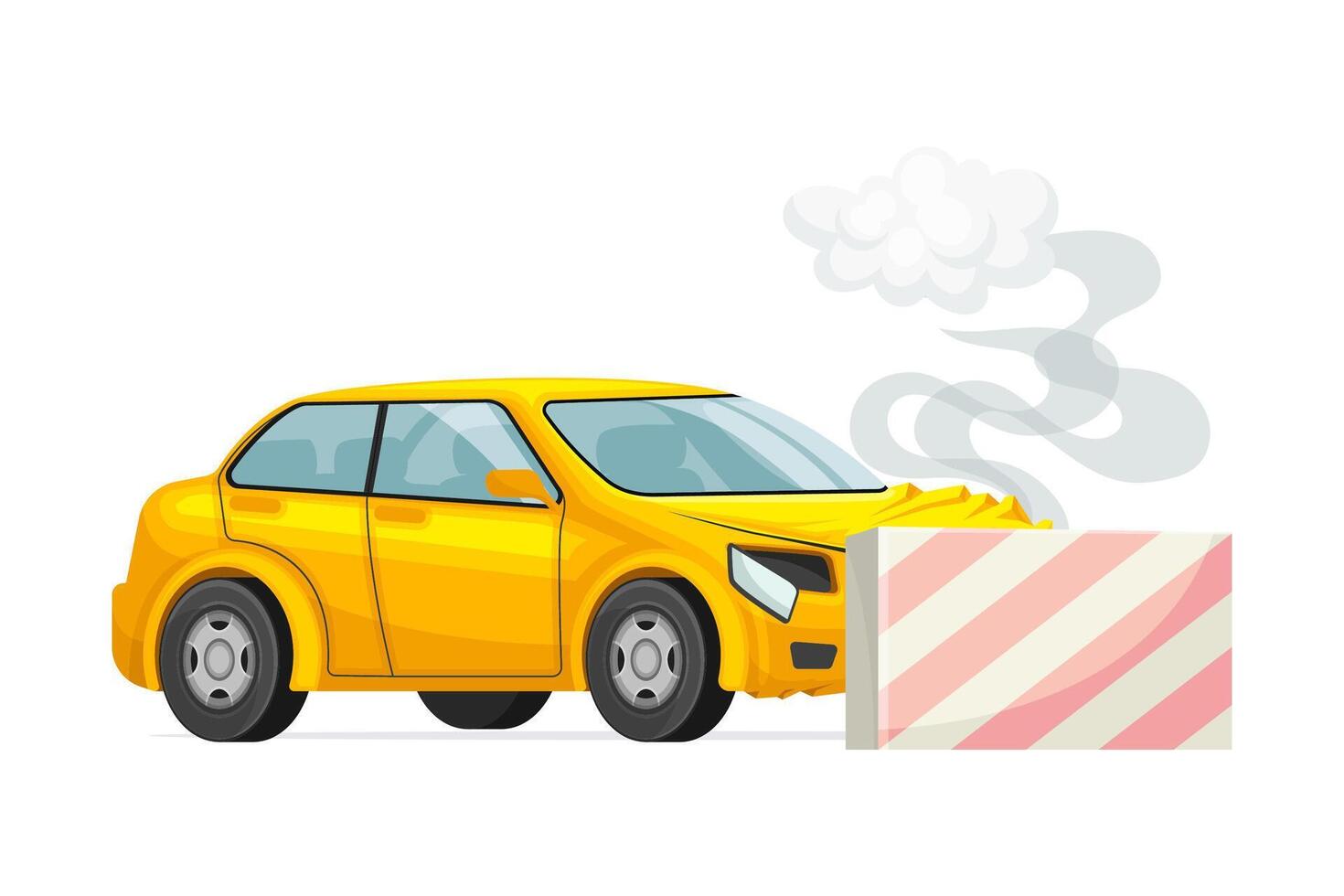 Road accident. Car crashed into concrete fence. Auto insurance case illustration vector