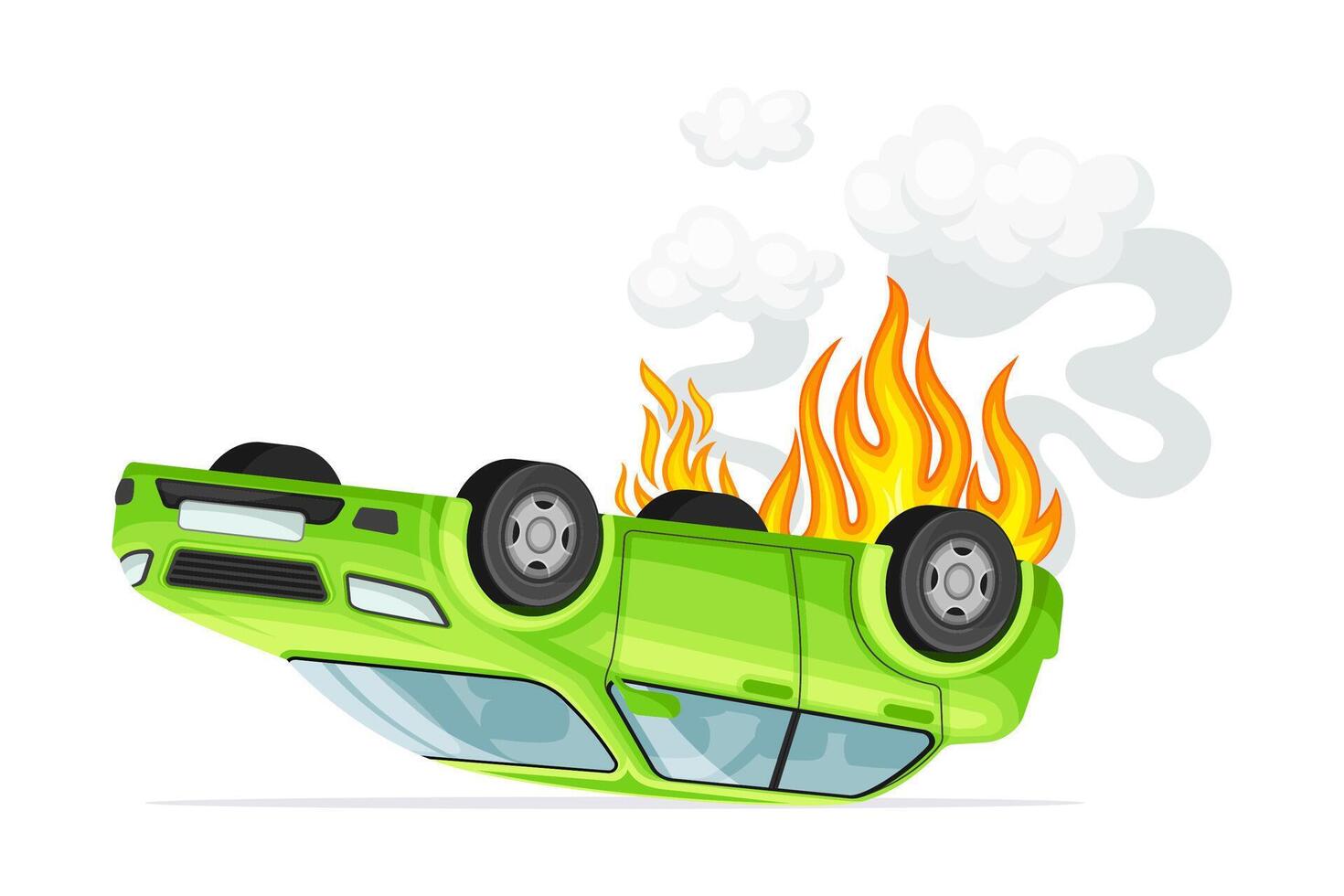 Car turned upside down in fire. Damaged vehicle, car insurance case illustration vector