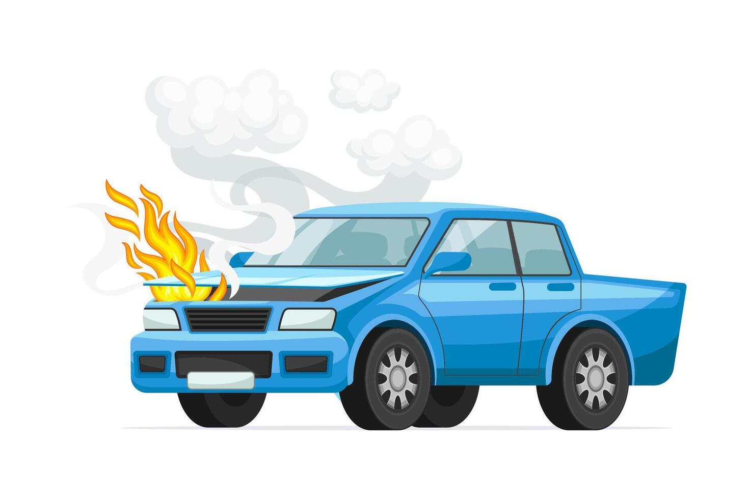 Fire from hood of damaged car, auto insurance case illustration vector