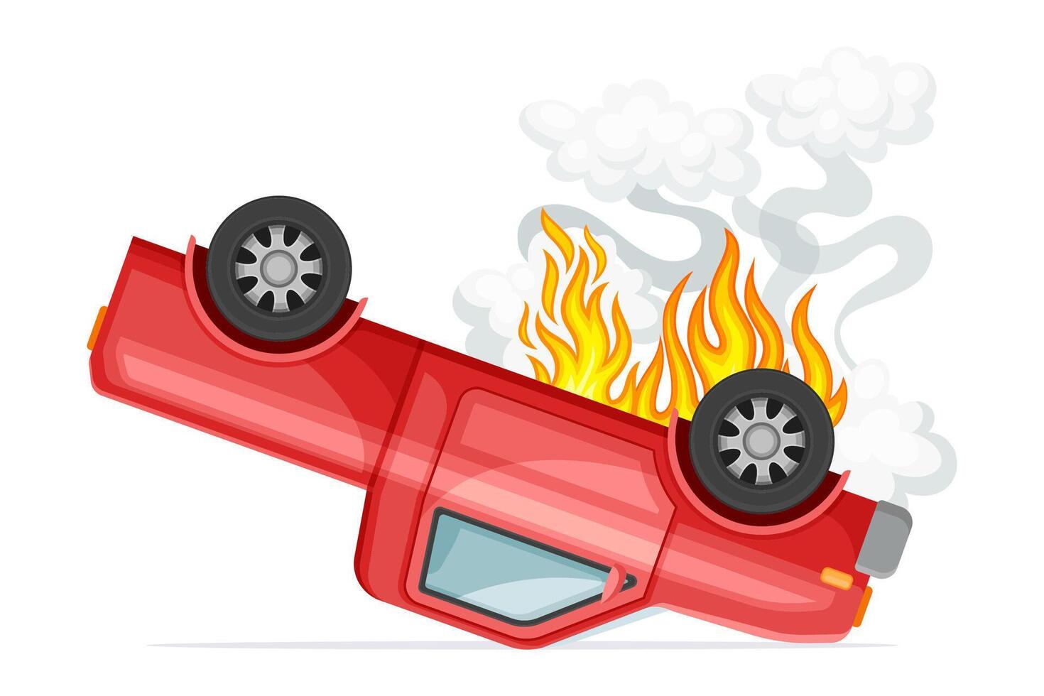 Red car turned upside down in fire. Damaged vehicle, auto insurance case illustration vector
