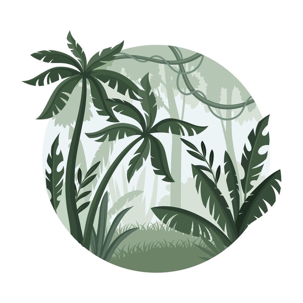 Jungle landscape with palm trees and plants. Tropical scenery in geometric round shape design illustration vector