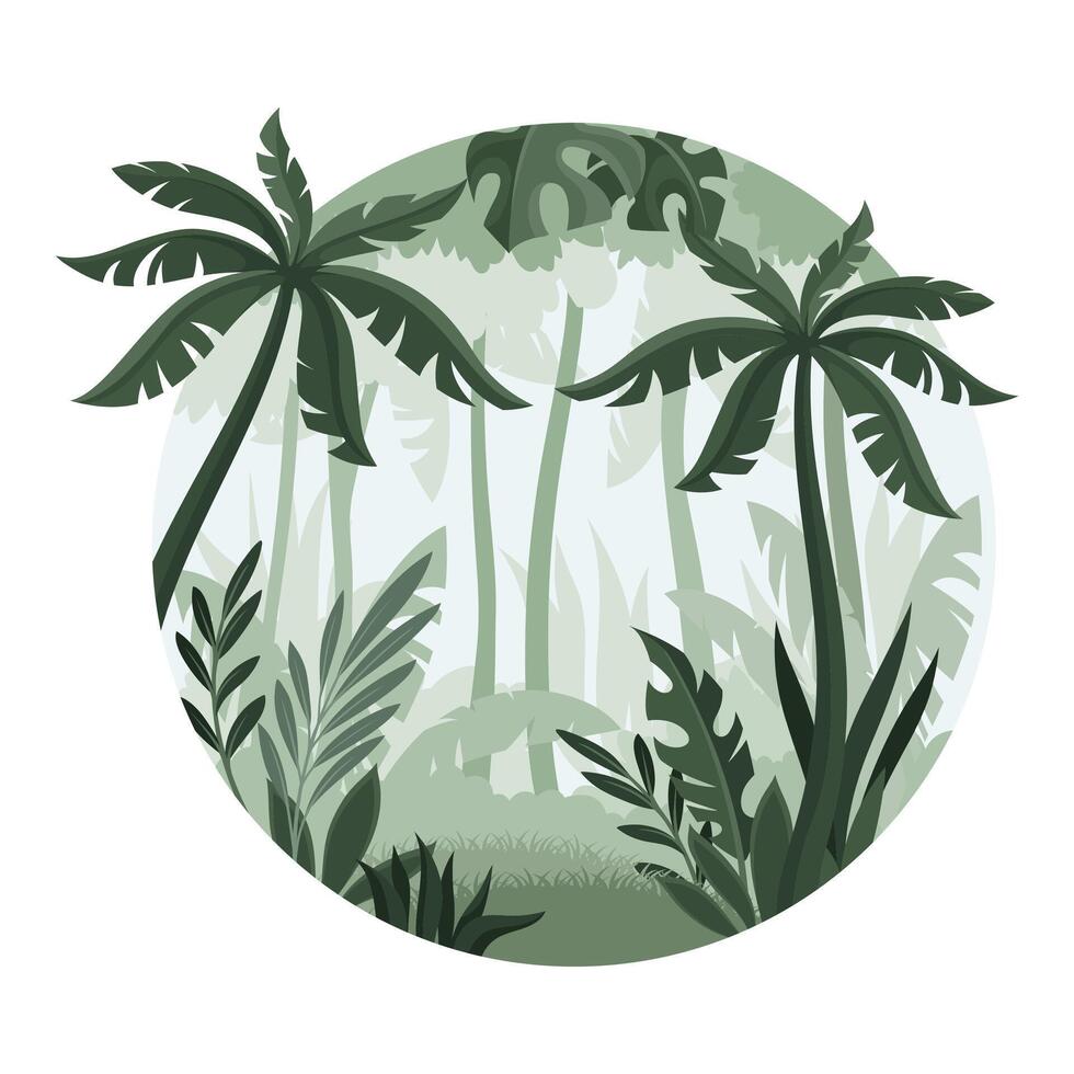 Jungle landscape with palm trees and plants in mist. Tropical scenery in geometric round shape design illustration vector