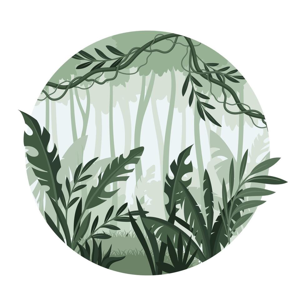 Jungle landscape with palm trees and plants. Exotic tropical scenery in geometric round shape design illustration vector