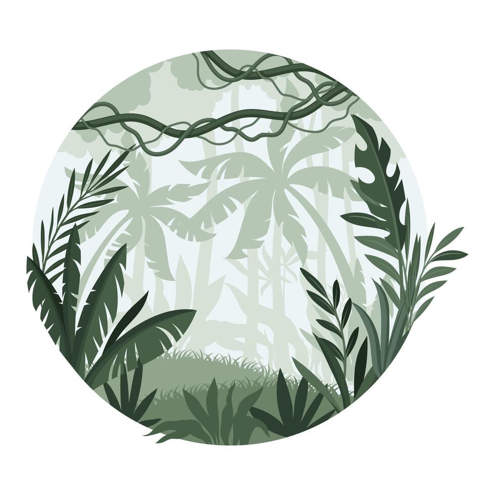 Jungle landscape with palm trees in mist. Tropical rainforest in geometric round shape design illustration vector