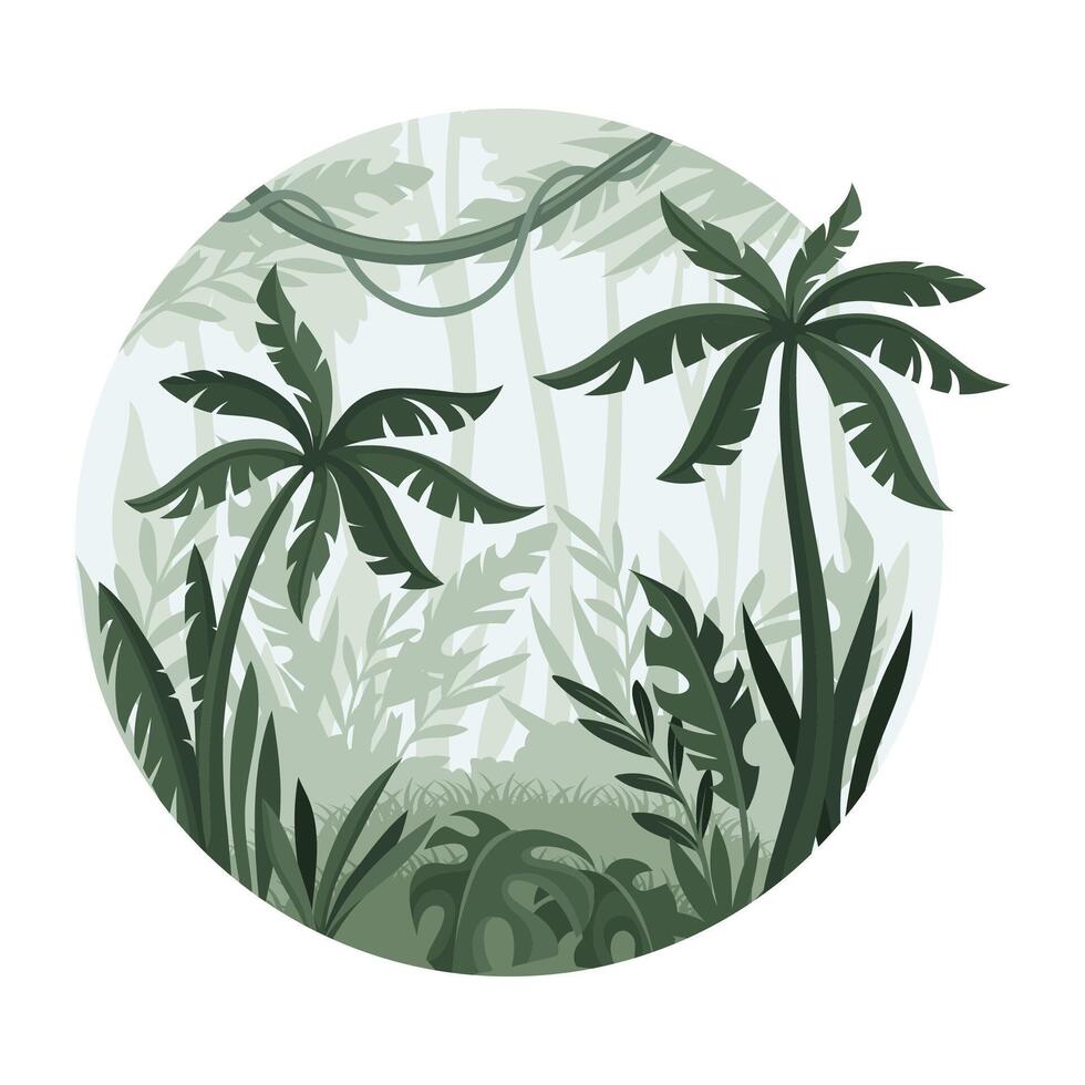 Jungle landscape with palm trees and plants in mist. Tropical rainforest scenery in geometric round shape design illustration vector