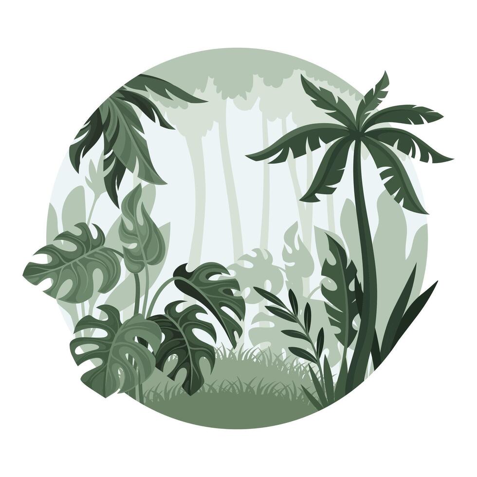 Jungle landscape in mist. Tropical rainforest in geometric round shape design illustration vector