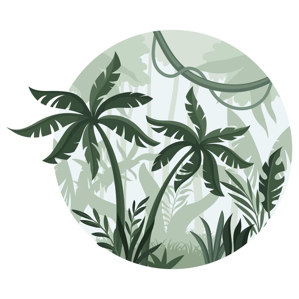 Beautiful jungle landscape with palm trees in mist. Exotic tropical scenery in round shape design illustration vector