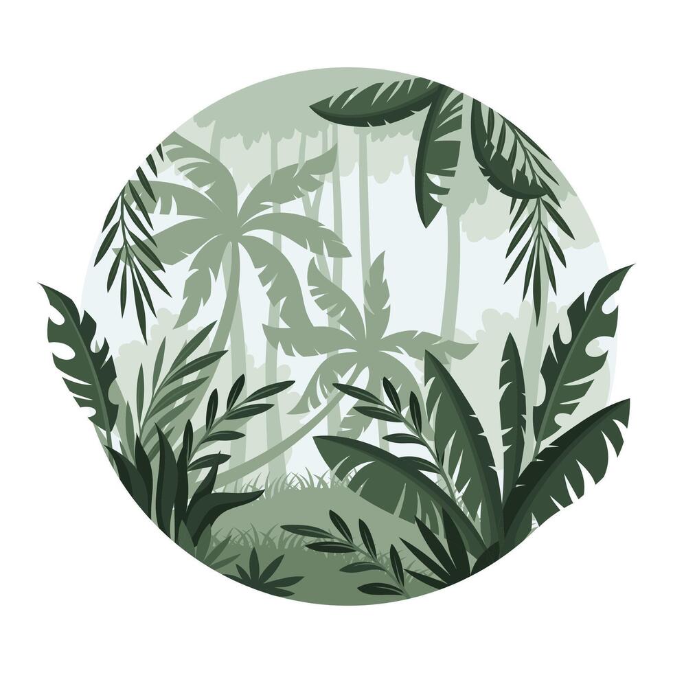 Jungle landscape with palm trees in mist. Monochrome rainforest scenery in geometric round shape design illustration vector