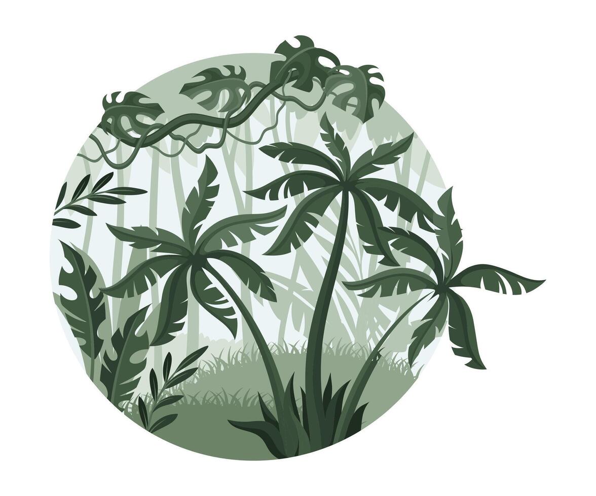 Jungle landscape with palm trees and plants. Monochrome rainforest scenery in geometric round shape design illustration vector