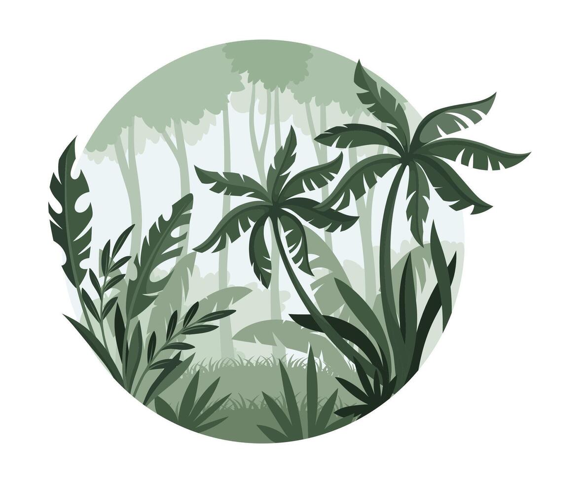 Jungle tropical landscape with palm trees in mist. Monochrome rainforest scenery of round shape illustration vector