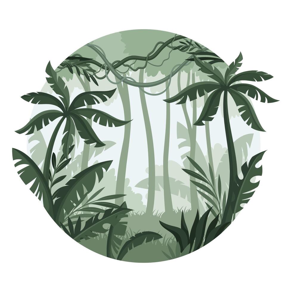 Jungle tropical landscape with palm trees in mist. Monochrome rainforest scenery in geometric round shape design illustration vector