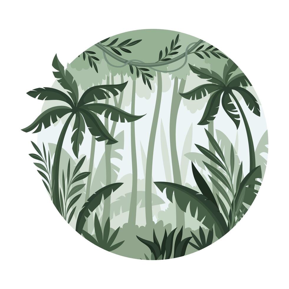 Tropical rainforest landscape with palm trees. Monochrome jungle scene in round shape illustration vector
