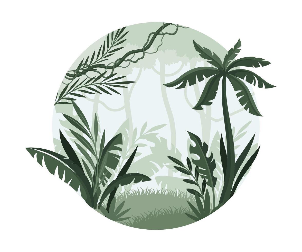 Tropical rainforest landscape with trees in mist. Monochrome jungle scene of round shape illustration vector
